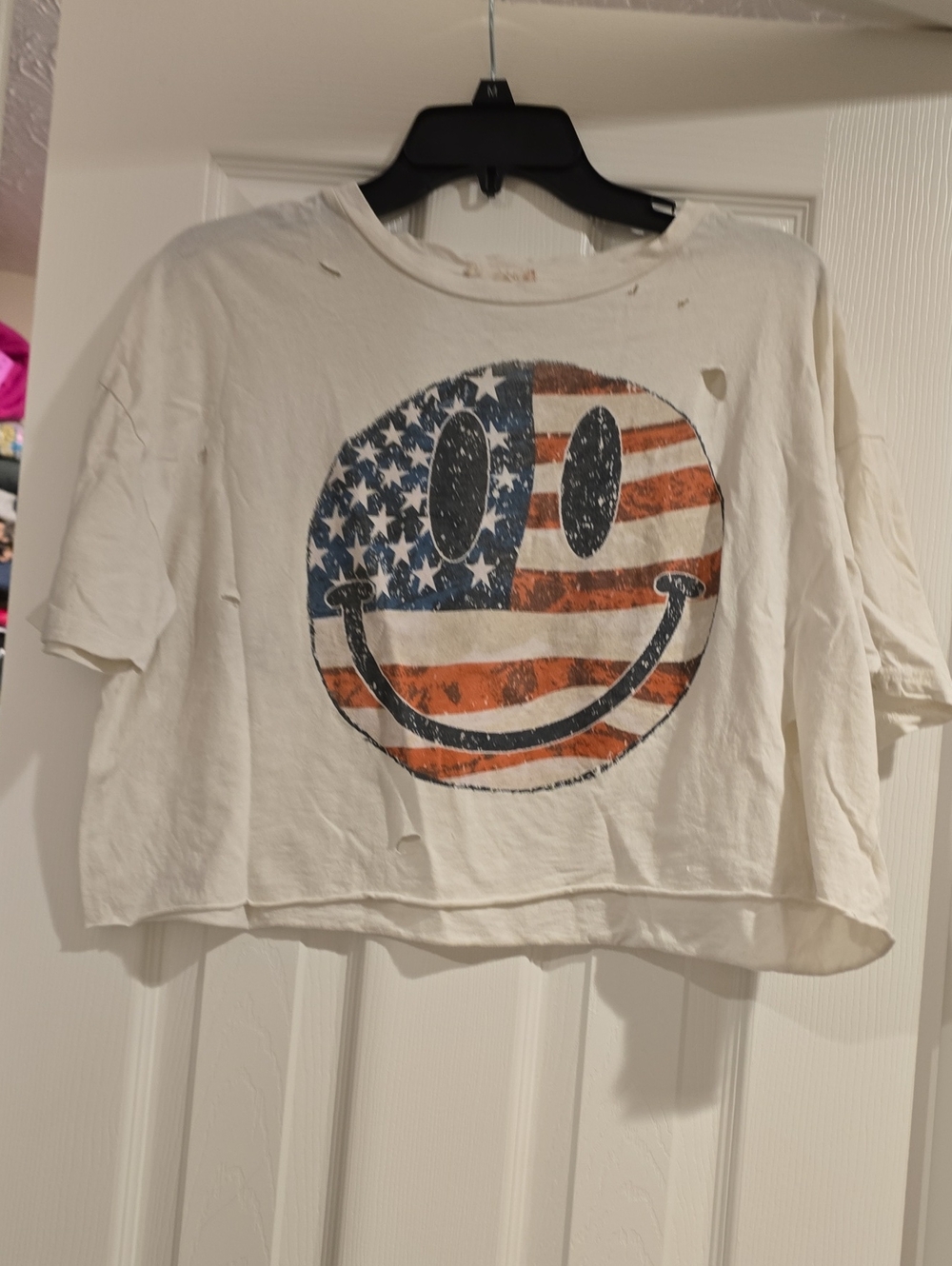 Altar'd State Cream Crop Tee with American Flag Smiley Graphic